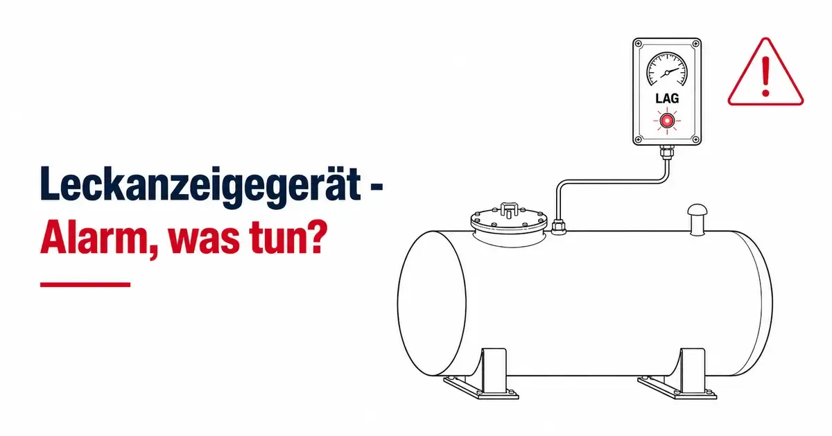 Leckanzeigegerät mit roter Alarm-LED an einem horizontalen Heizöl-Kellertank