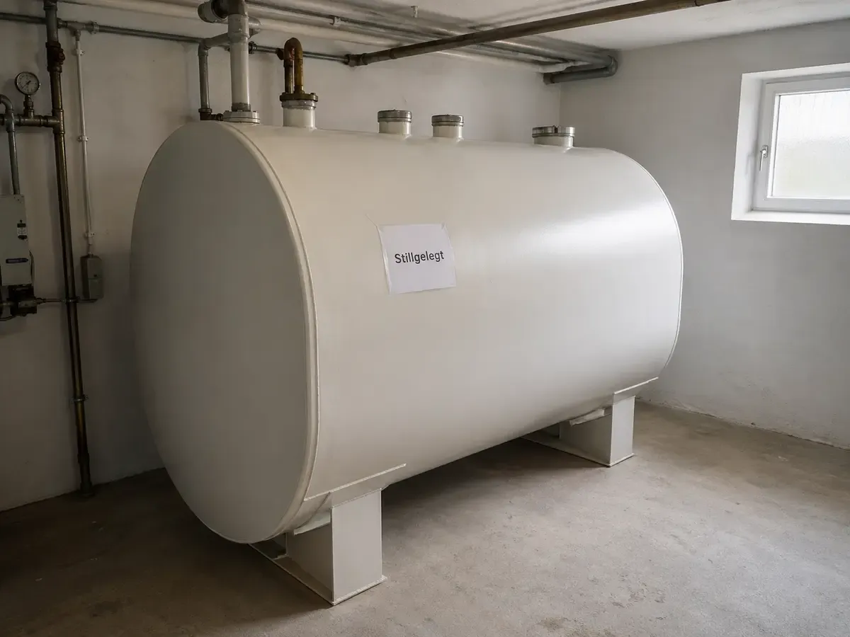 Stillgelegter Heizöltank im Keller — versiegelte Anschlüsse, Stillgelegt-Kennzeichnung, sauber abgeschlossener Zustand