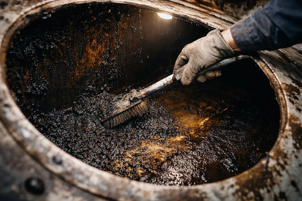 Techniker bei der professionellen Heizöltankreinigung — Blick in den gereinigten Stahltank